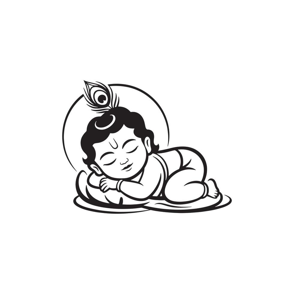 Cute Little Sleeping Baby Krishna Peacock Feather, Depicting the Hindu God for Krishna Janmashtami and Govardhan Puja vector