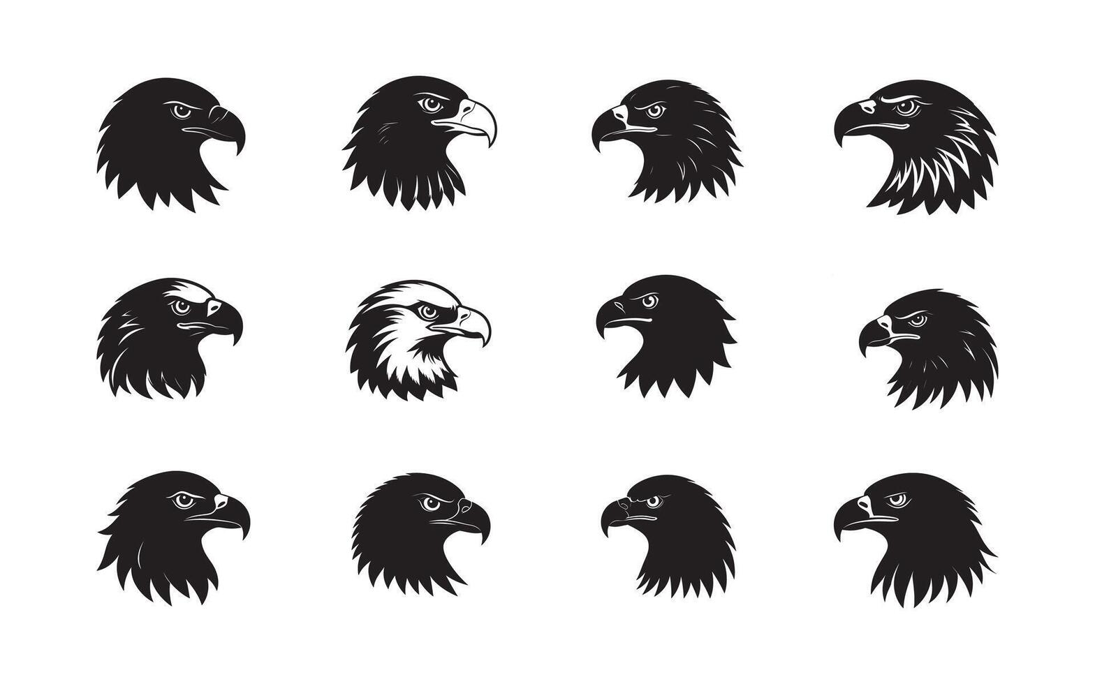 Black Silhouettes of Eagle Heads Displayed in Various Fierce and Majestic Designs vector