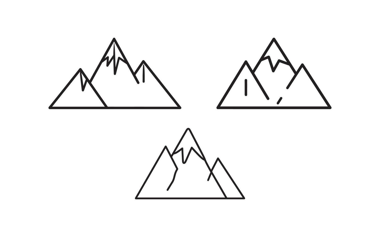 Minimalist Mountain Icon Set Representing Peaks and Outdoor Adventure mountain ranges with jagged peaks and snow accents. vector