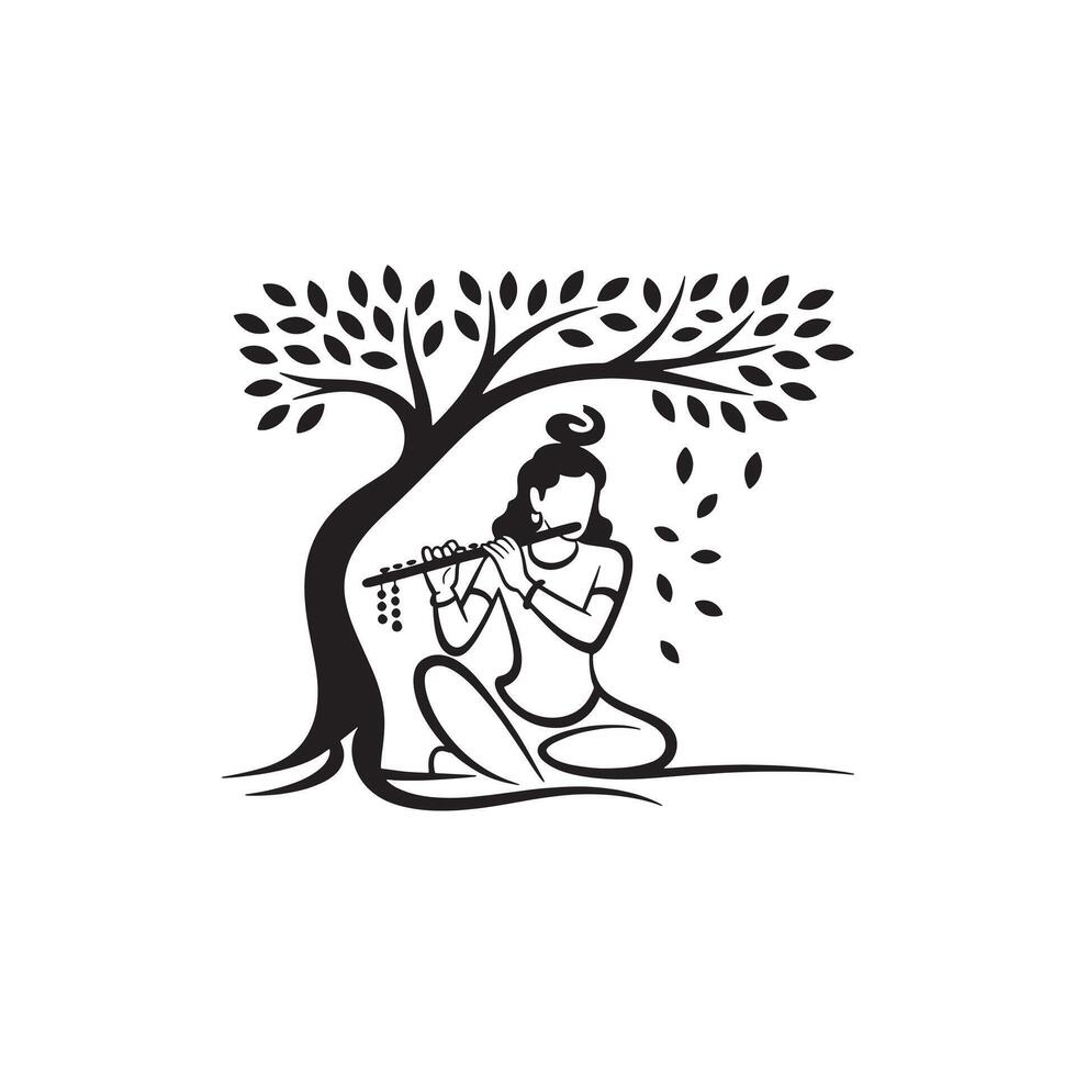 Illustration of lord sree krishna Playing Flute Beneath a Flowing Tree vector