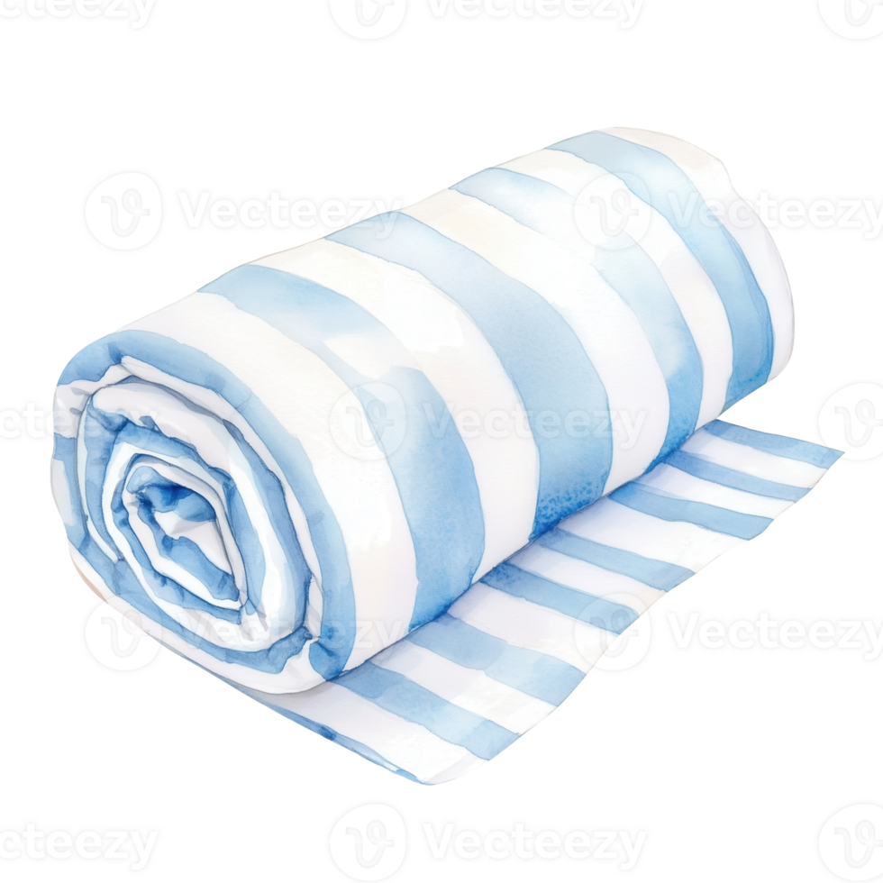 Soft blue and white striped blanket rolled neatly for a picnic or beach day png