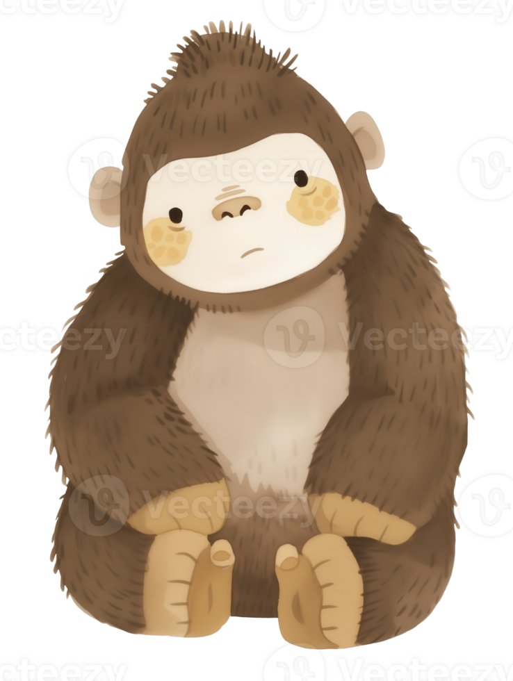 Cute cartoon gorilla character sitting with a thoughtful expression in a whimsical art style png