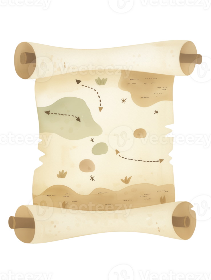 Old treasure map depicting a winding path through mountains and rivers with marked locations and navigation symbols for adventure seekers png