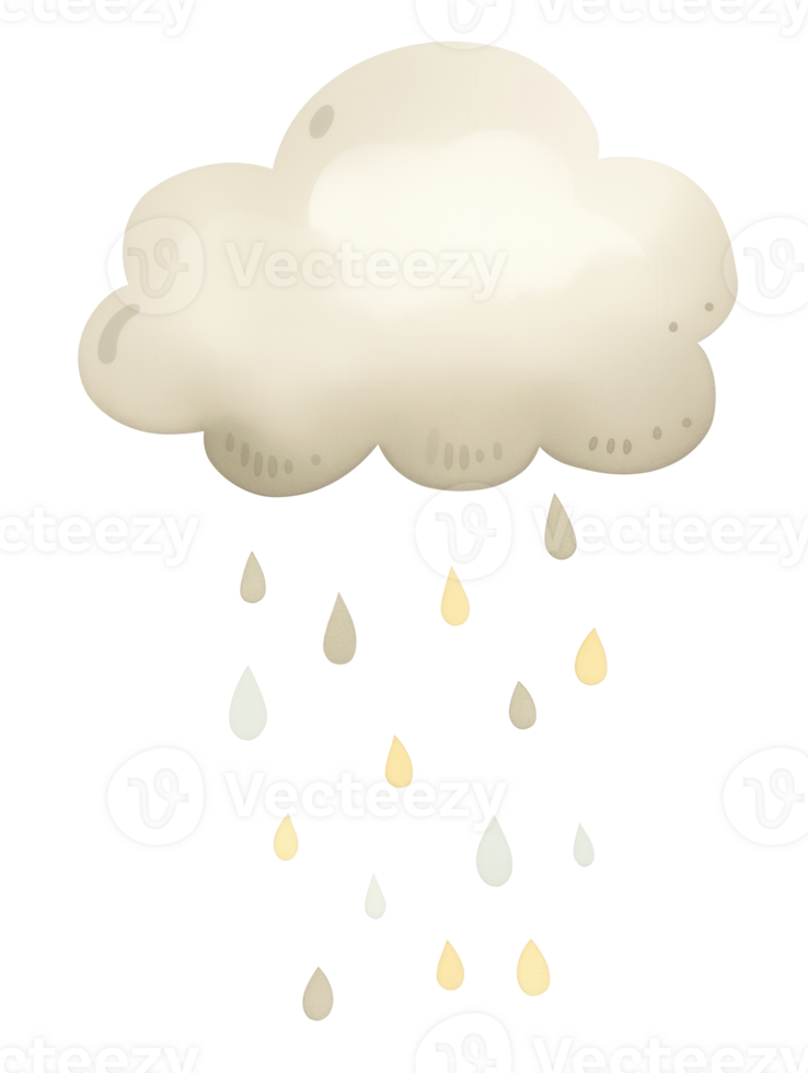 Fluffy gray cloud with light rain drops falling softly on a bright background png