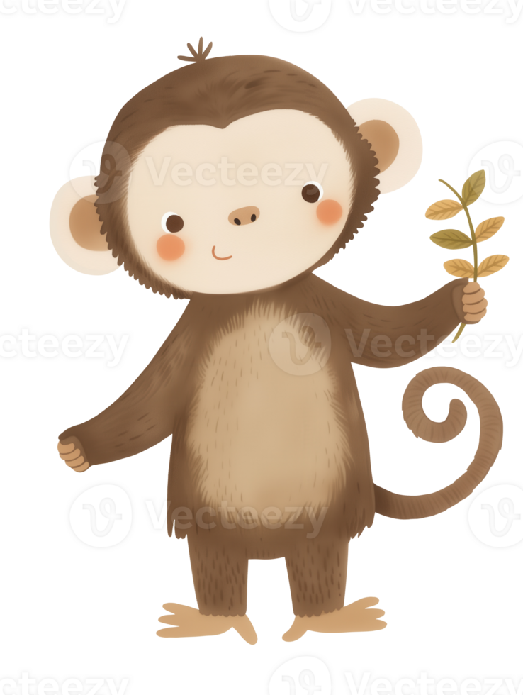 Cute cartoon monkey holding a branch in a playful pose in a cheerful illustration for children png