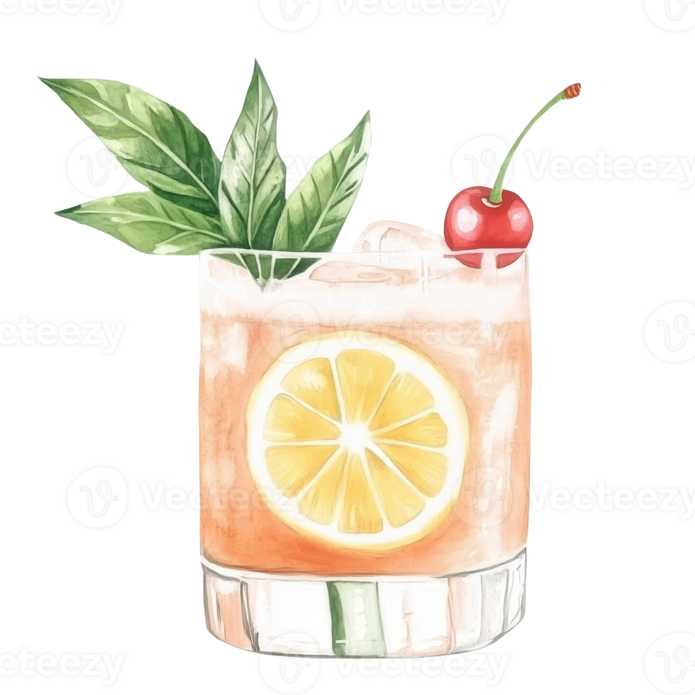 Refreshing summer cocktail with lemon, cherry, and mint garnishing on a clear glass png