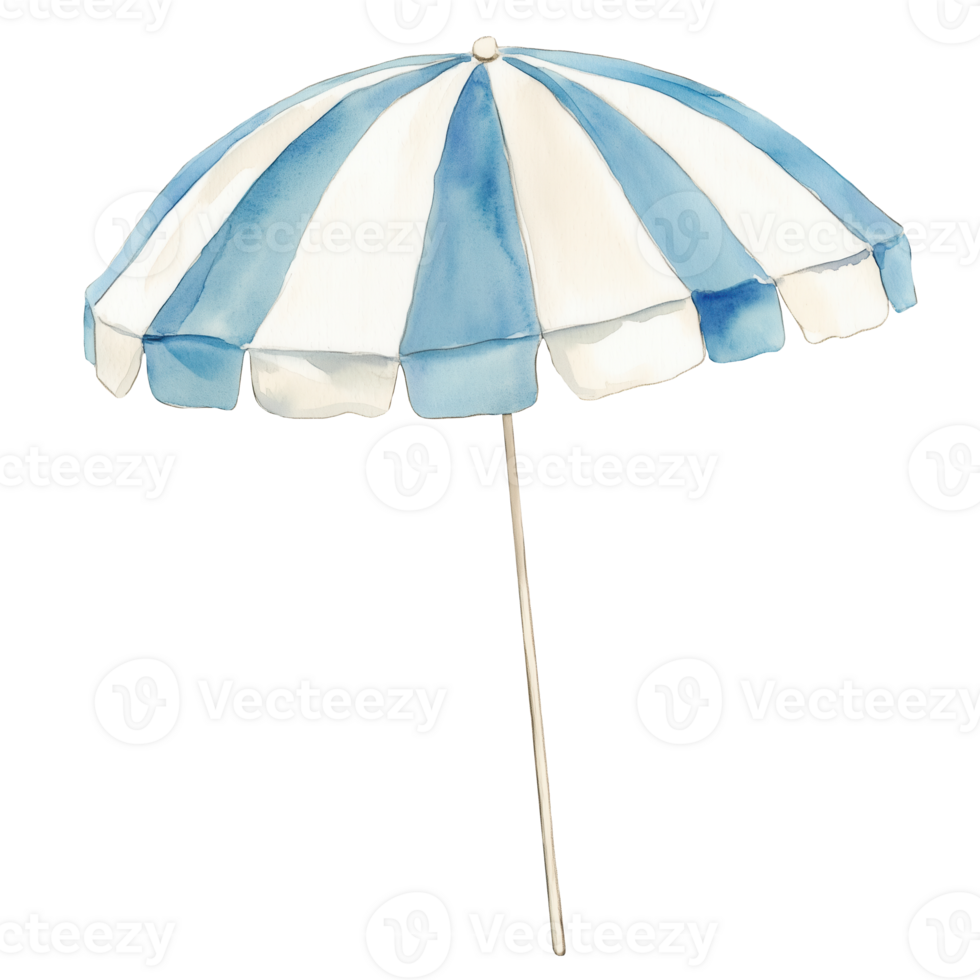 Beach umbrella in blue and white stripes providing shade on a sunny day by the ocean png