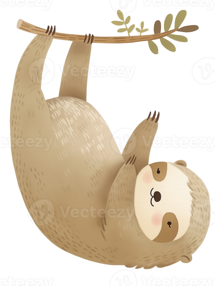 Cute sloth hanging on a branch surrounded by green leaves in a playful illustration style png