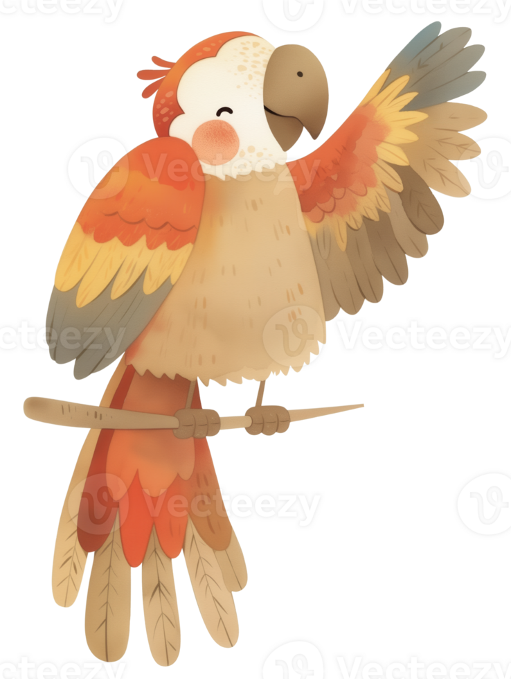 Colorful parrot with vibrant feathers perched on a branch in a cheerful pose png