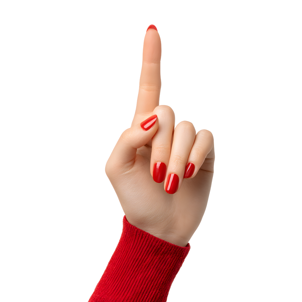Woman hand with red nails polish pointing upward with index finger isolated on transparent background png