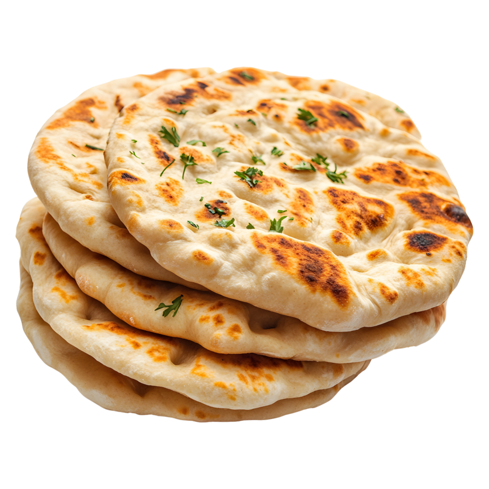 Stack of traditional naan flat breads with green garnish isolated on transparent background png