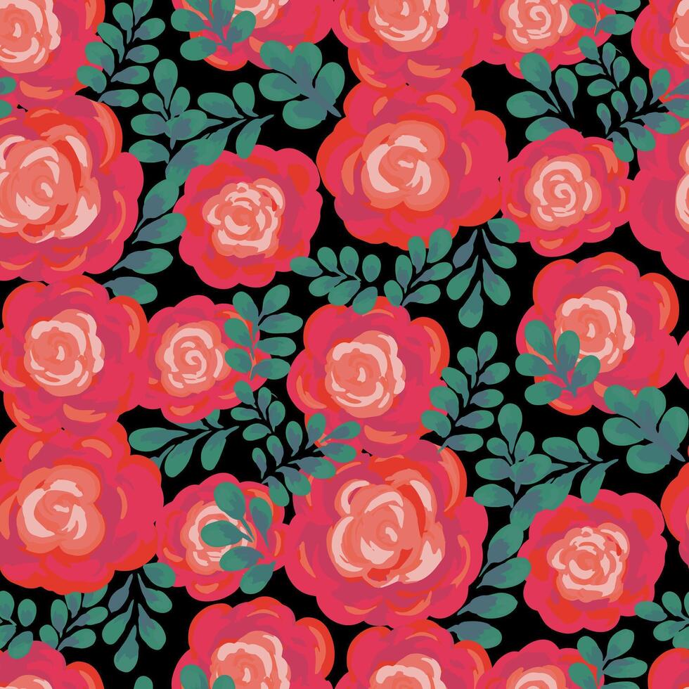 Seamless floral pattern with hand painted roses in red hues, complemented by lush green leaves on a black background. Perfect for fabric, wallpapers, packaging, stationery, branding vector