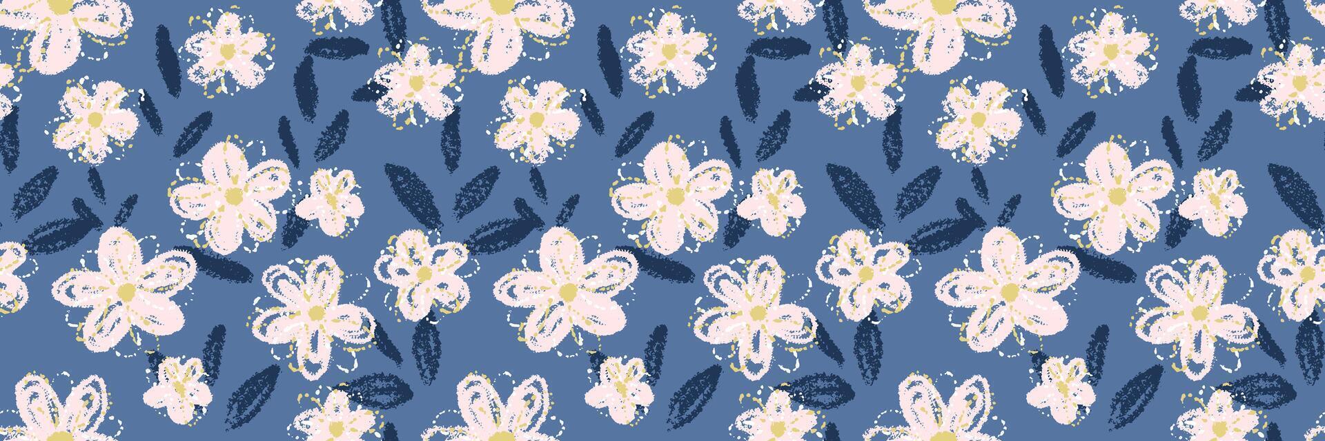 Seamless pattern with abstract flowers and leaves on a navy blue background. Hand drawn crayon texture floral. Template for design, ornament, cover, stationary, fabric, kids decor vector