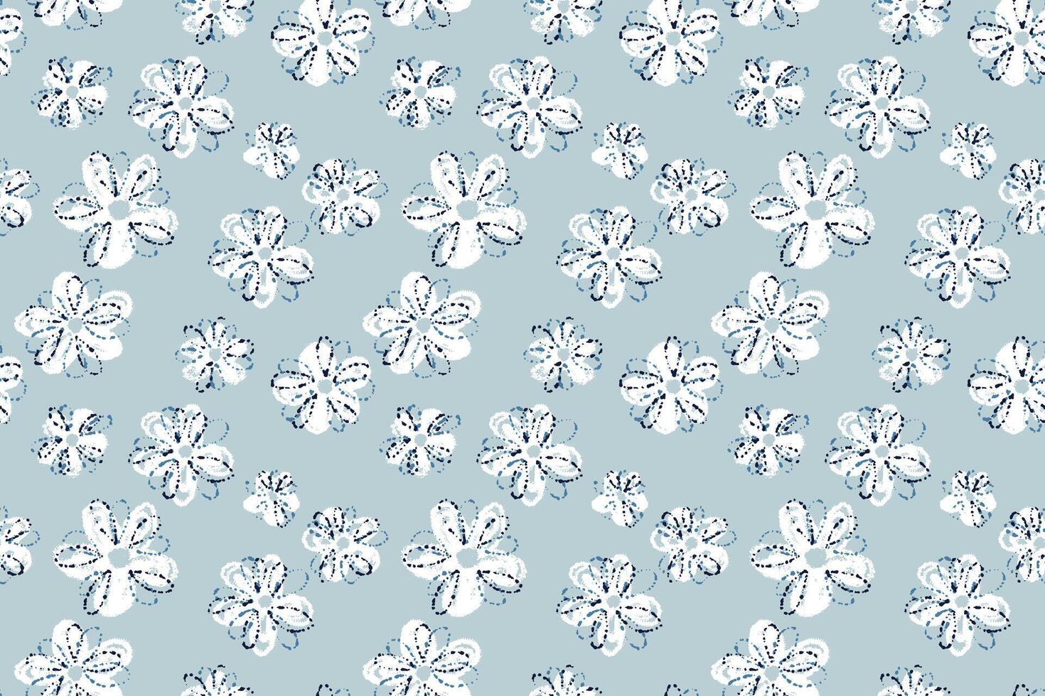 Seamless floral pattern with playful white crayon style flowers on a pastel blue background. Fun, cheerful, and artistic design for kids products, fabrics, and stationery vector