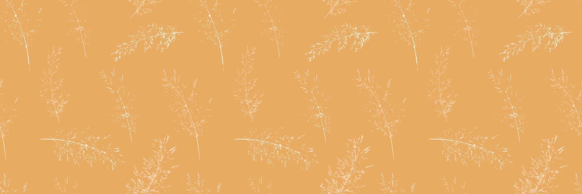 Seamless pattern featuring delicate, hand drawn grass stems in a vintage style. Mustrat yellow background complements the subtle botanical design for textiles, wallpaper, packaging vector