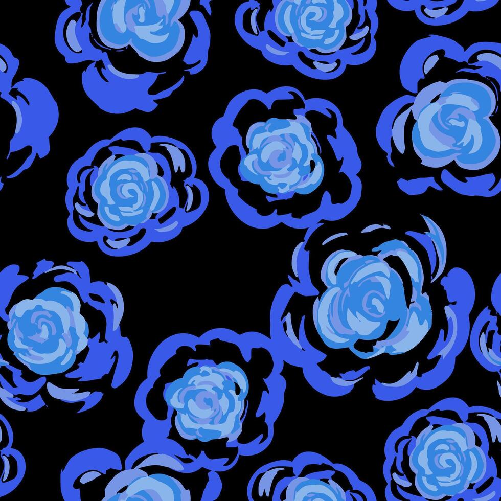 Seamless pattern with abstract hand painted peony flowers in blue tones on a black background. Ideal for romantic textiles, wedding designs, feminine branding, and packaging vector