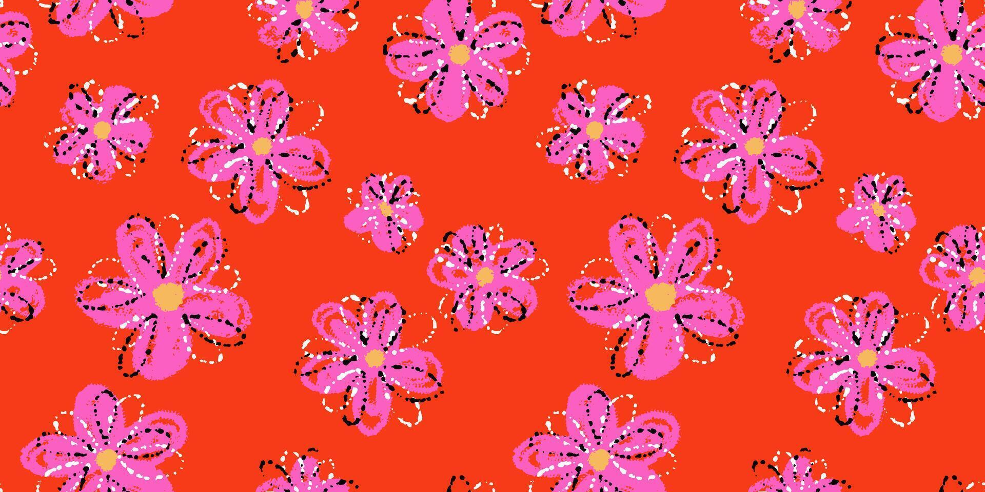 Seamless floral pattern with playful hand drawn pink daisies on a vivid red background. Vibrant paint splashes add a fun, childlike, and artistic touch. Ideal for kids designs vector