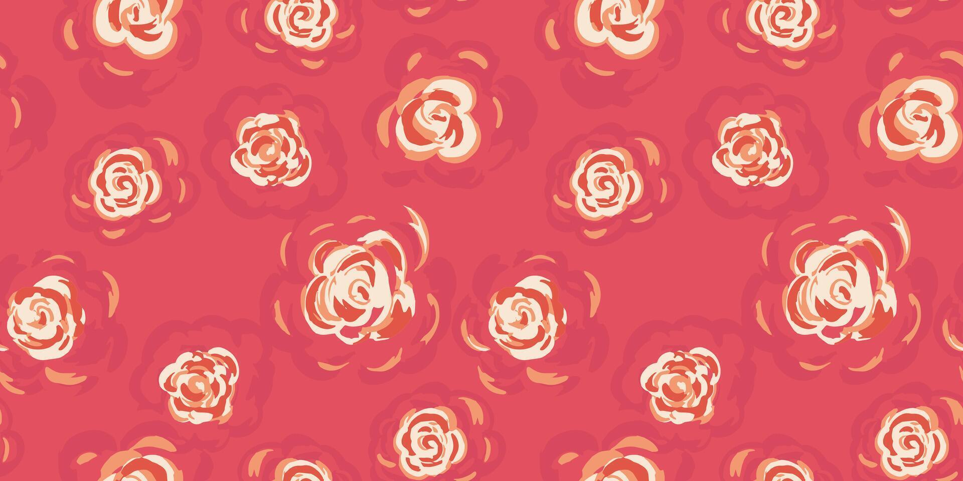 Elegant seamless floral pattern with hand drawn abstract roses in cream and peach tones on a warm coral red background. Perfect for textiles, wallpapers, packaging, and romantic themed designs. vector