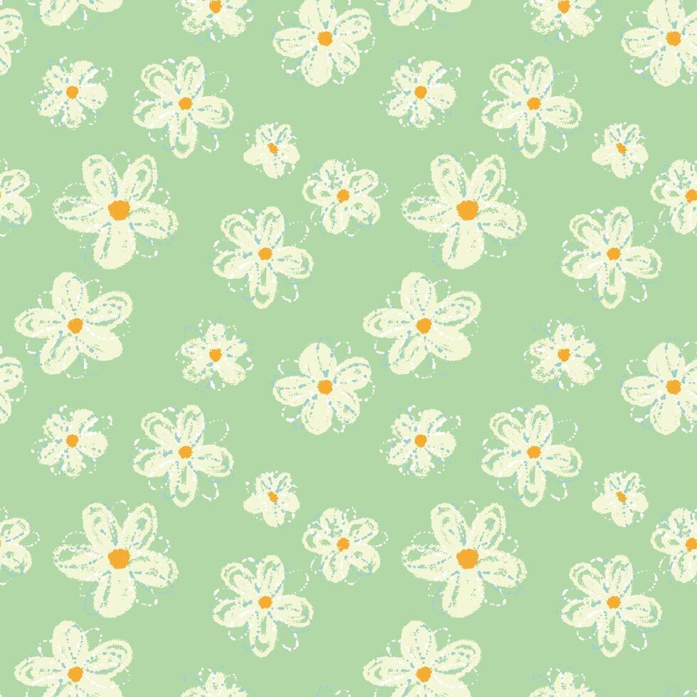 Seamless floral pattern with hand drawn daisies and centers on a pastel mintd, green background. Playful and fresh design for textiles, kids products, summer and spring themes vector
