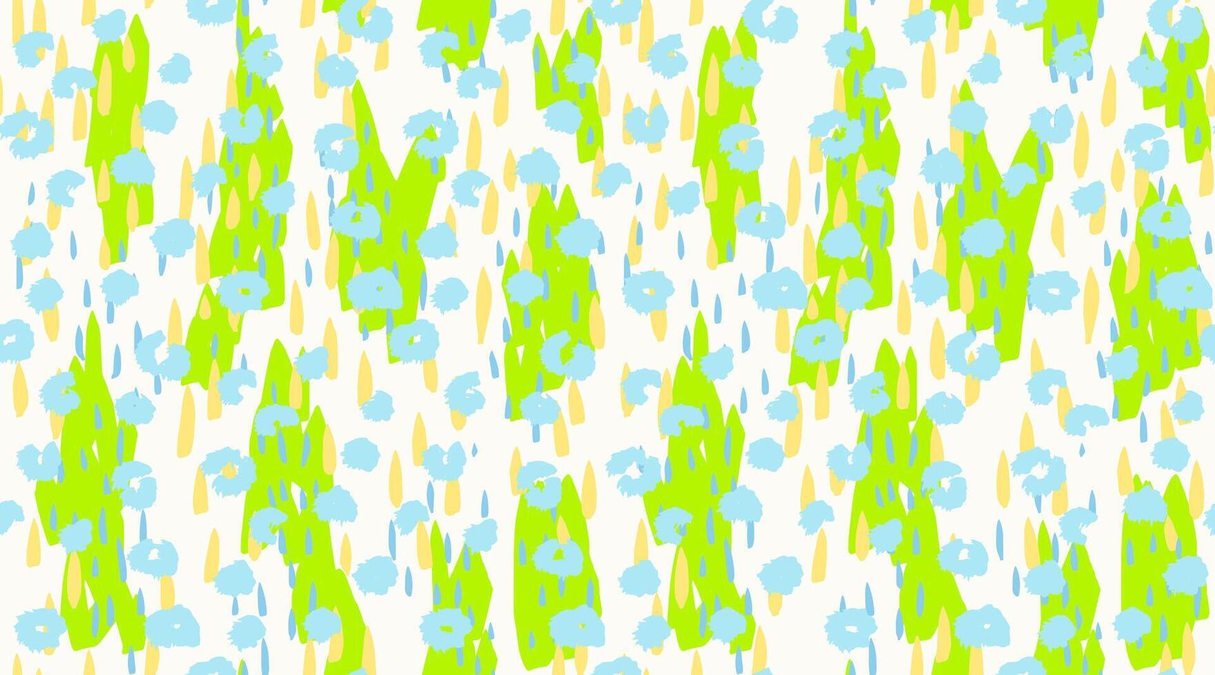 Seamless abstract pattern with bold green shapes, blue and yellow raindrop elements, and hand drawn floral dots. Modern, playful design for textiles, wrapping, or digital background vector
