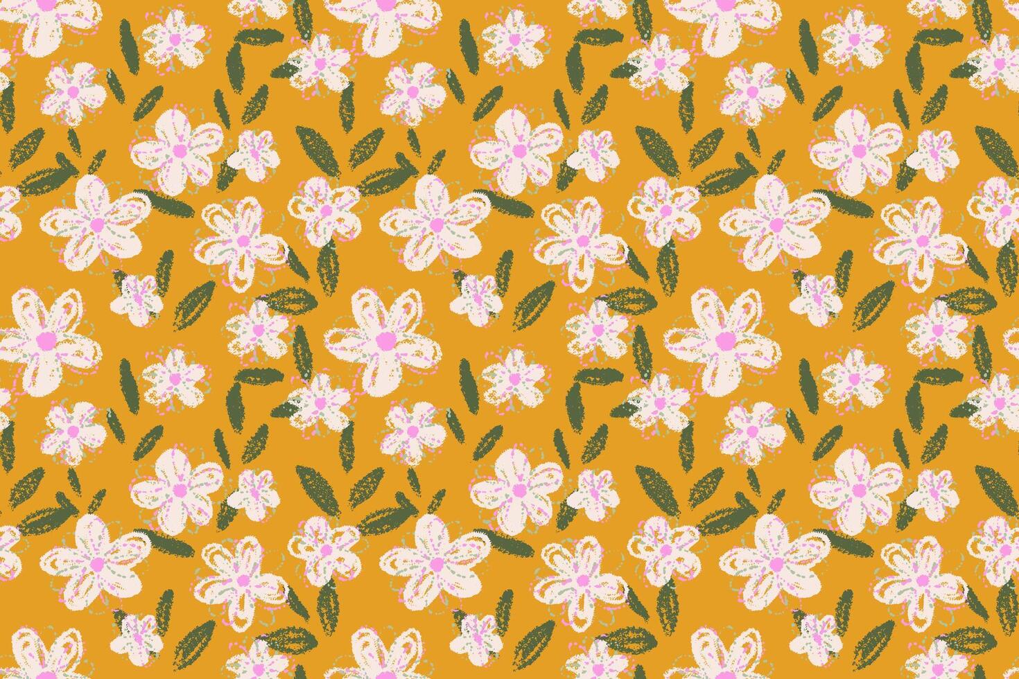 Seamless floral pattern with hand drawn flowers and green leaves on a yellow background. Vivid and whimsical design template for textiles, wrapping paper, stationery vector
