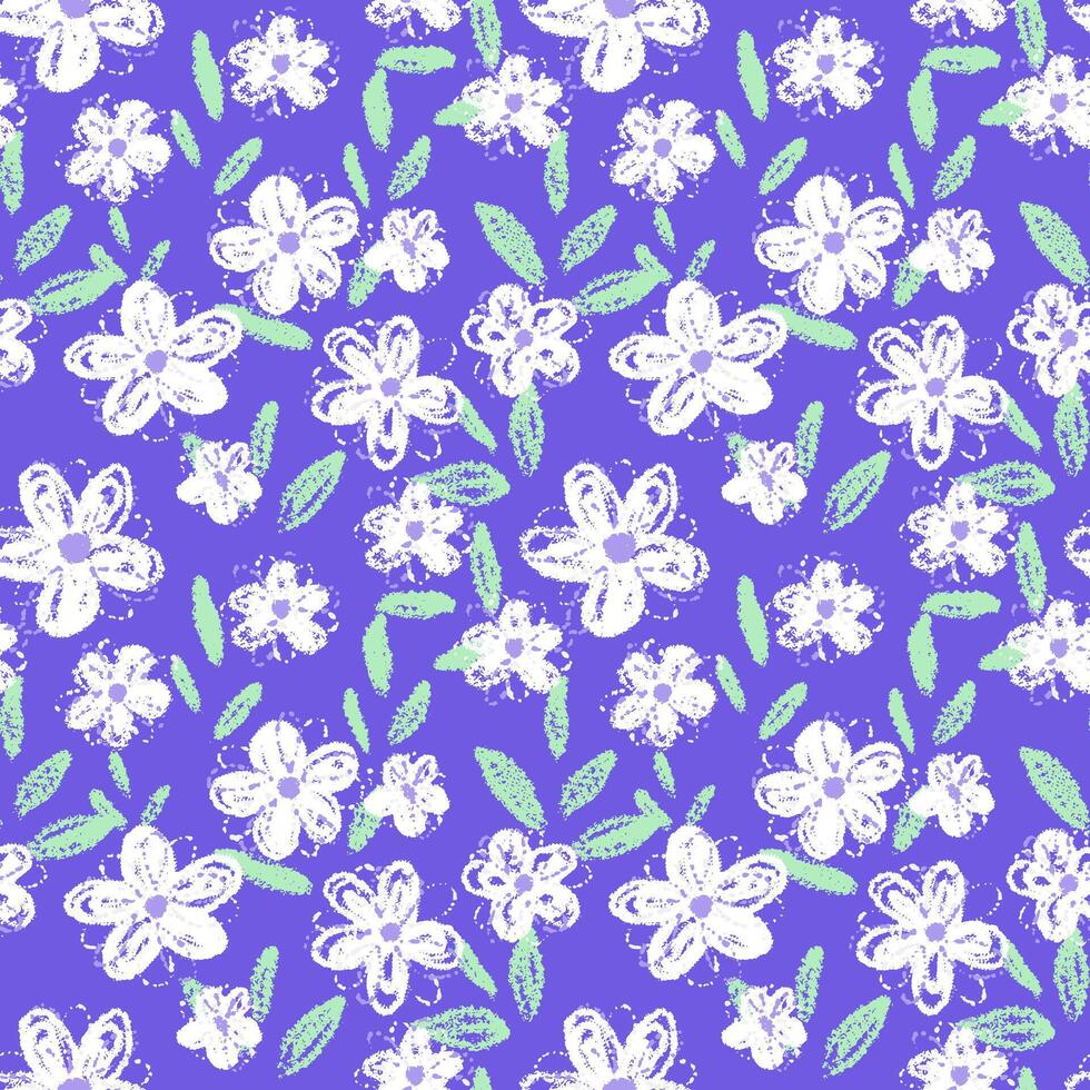 Seamless pattern with crayon style flowers and leaves on a violet, purple background. Playful and vivid design for kids, textiles, wrapping paper, summer and spring themes vector