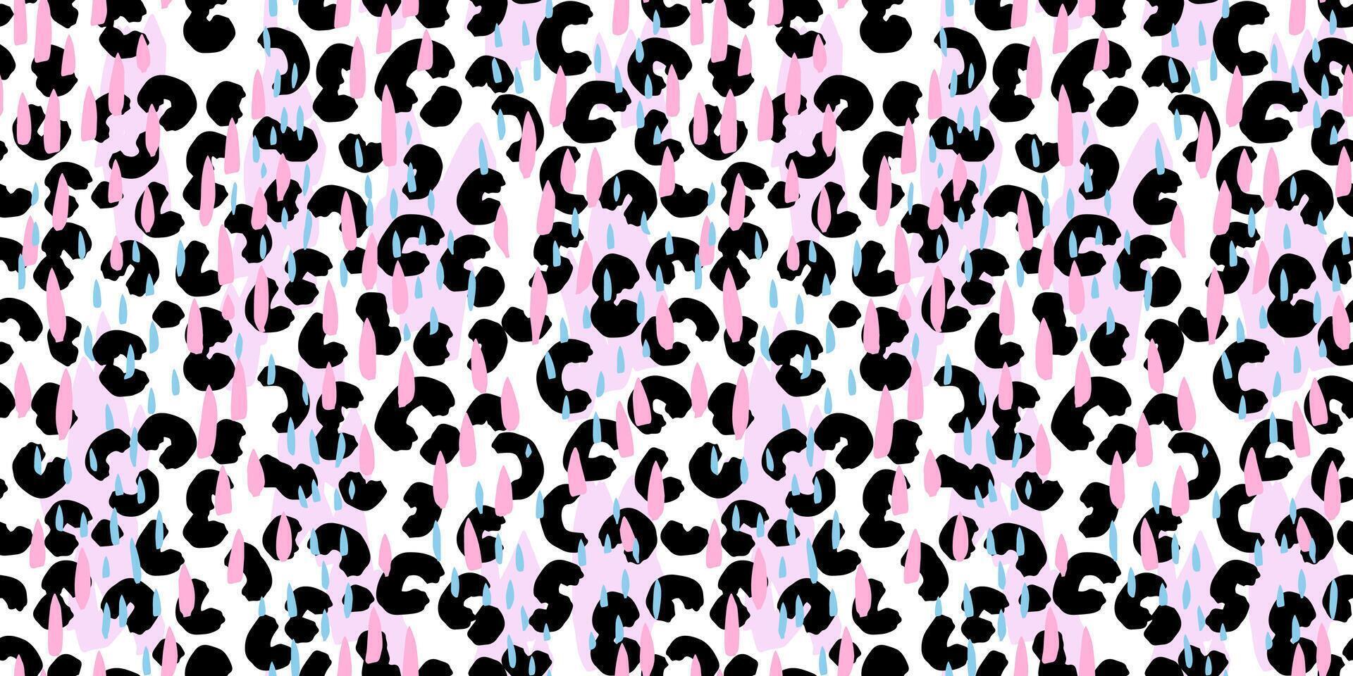 Trendy seamless pattern with abstract leopard spots and raindrop shapes in black, blue, and pink. Bold and playful design for fashion and modern textile prints vector