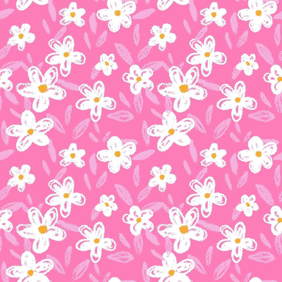 Seamless pattern with white hand drawn flowers and pink leaves on a vibrant pink background. Crayon texture gives a playful and cheerful feel. Template for kids design, fabric,stationery vector