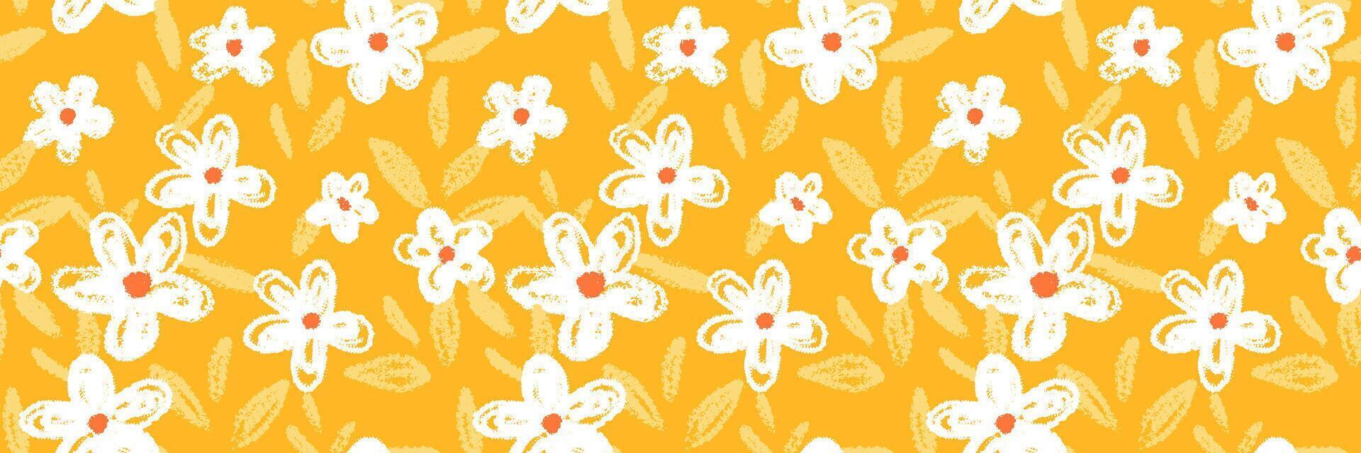 Seamless floral pattern with playful crayon style flowers and leaves on a vibrant yellow background. Template for kids textiles, stationery, wrapping paper, and cheerful designs vector