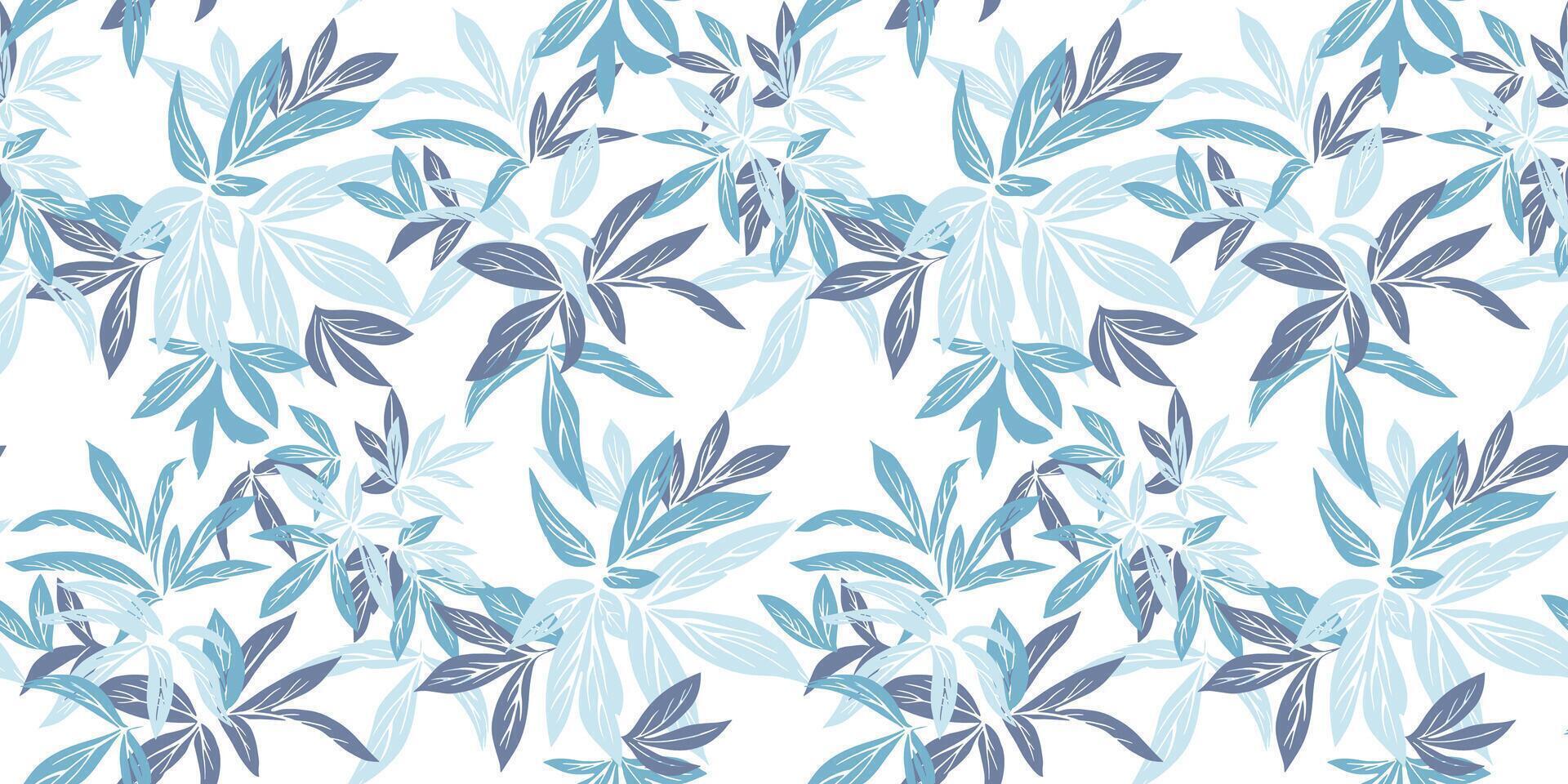 Seamless botanical pattern with tropical leaves in blue, and navy tones on a white background. Nature ornament for fashion, home decor, summer projects, designs vector