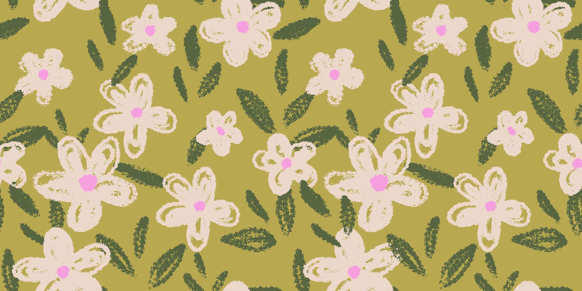 Playful seamless pattern with hand drawn flowers and leaves on a pastel mint green background. Template for kids textiles, wrapping paper, summer and spring decor vector