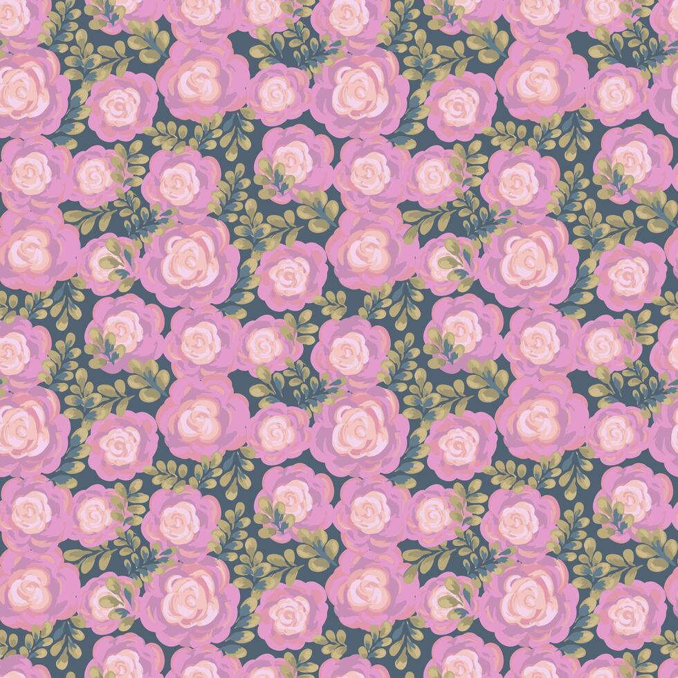 Seamless floral pattern with hand painted pink roses and green leaves on a muted blue background. Elegant brushstroke style, perfect for textiles, wallpaper, gift wrap, fashion, decor vector