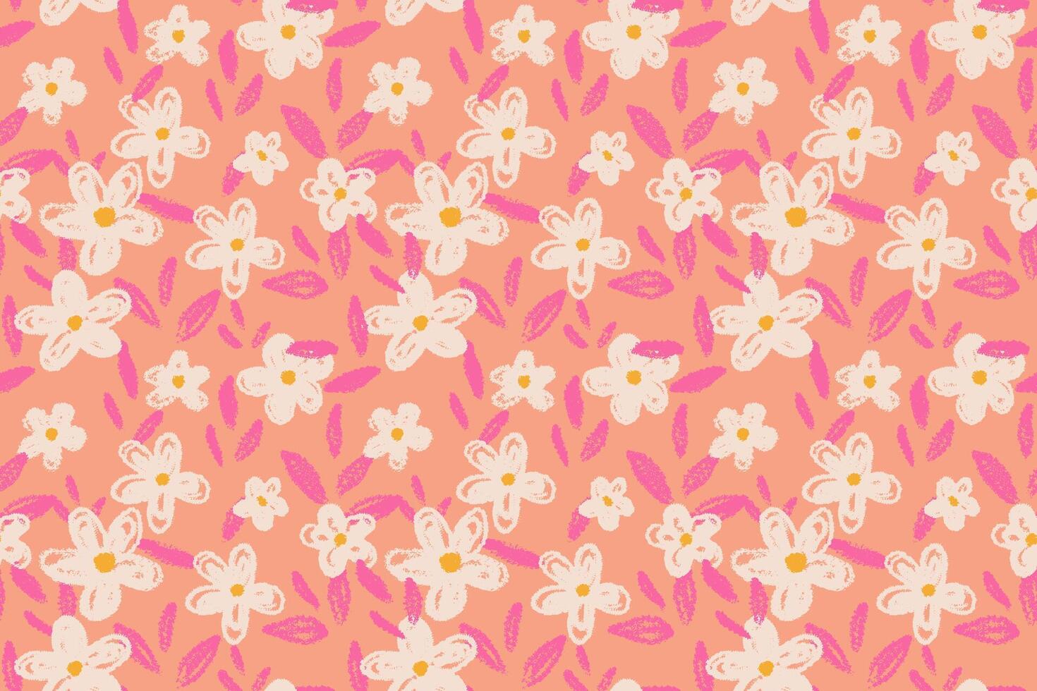 Seamless floral pattern with hand drawn flowers and leaves on a orange background. Playful and artistic design for fabric, packaging, and stationery vector