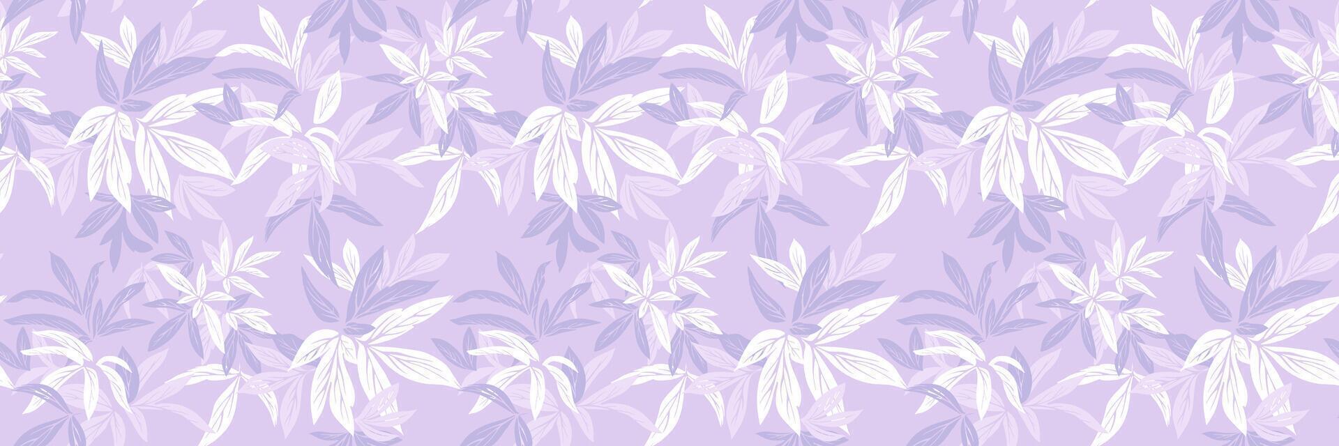 Seamless tropical leaf pattern with hand drawn style foliage in soft violet and lavender on a pastel purple background. Perfect for textiles, wallpapers, packaging, surface design vector