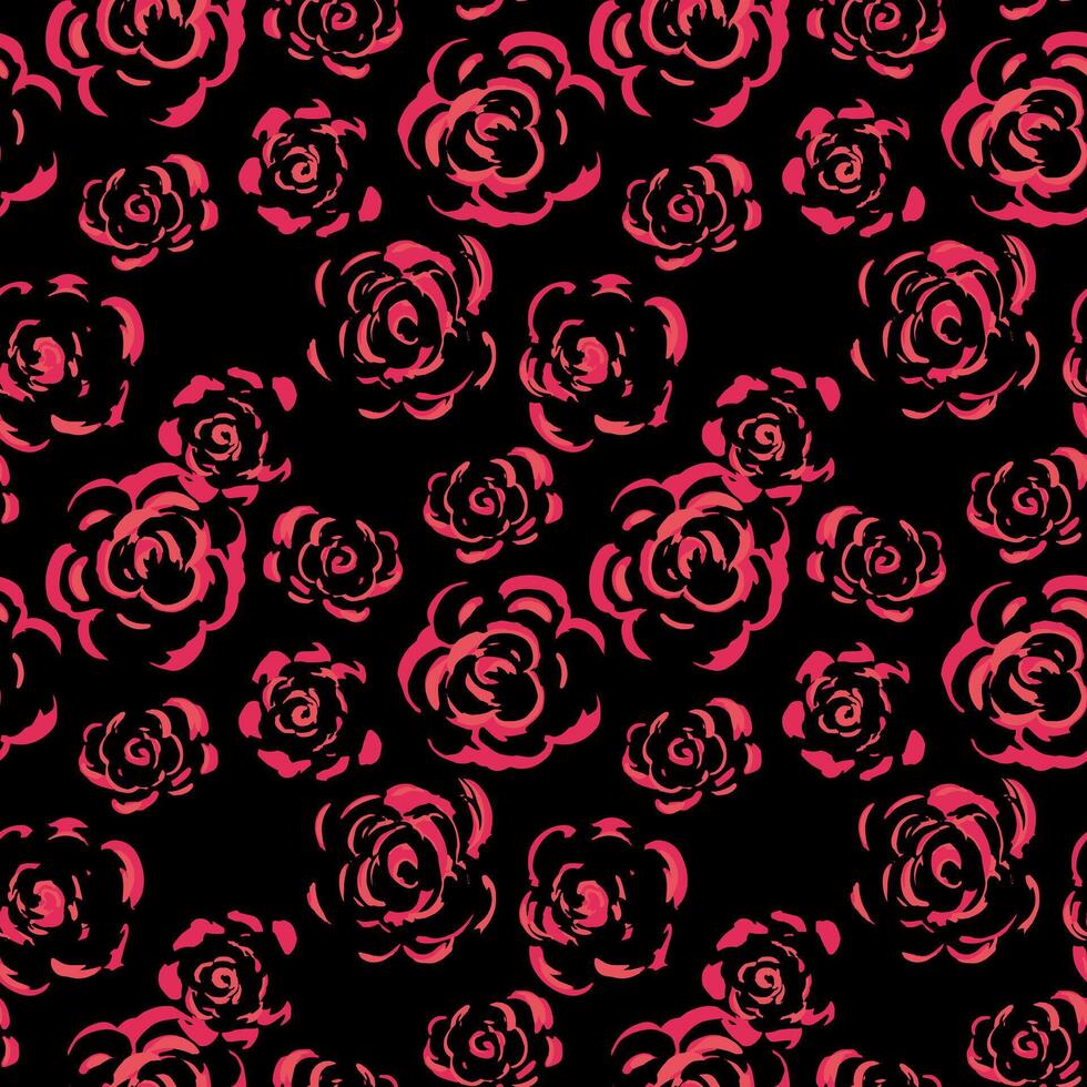 Seamless pattern featuring hand drawn artistic roses in bold red shades on a black background. The expressive, sketch like floral design for textiles, fashion, packaging, branding vector