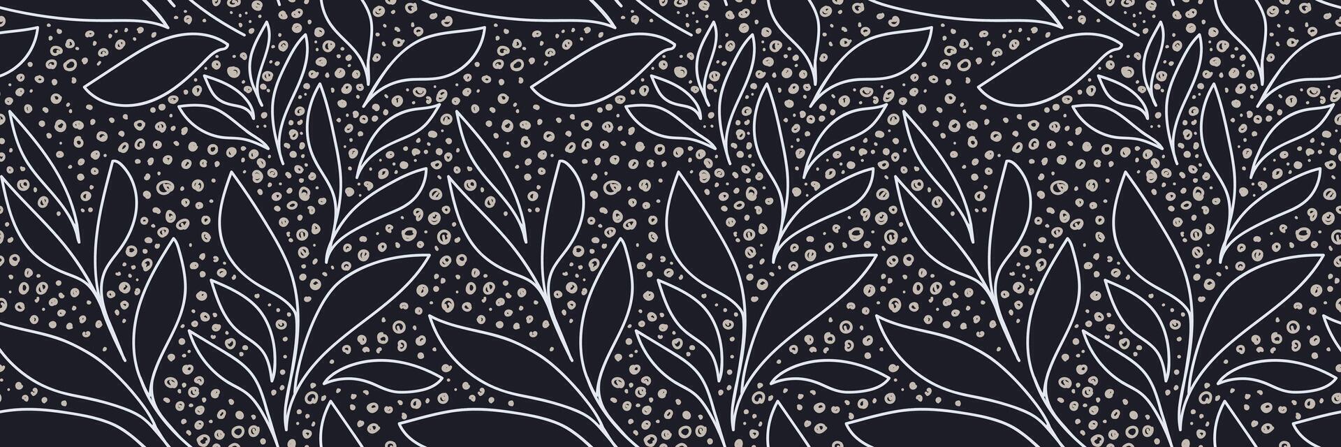 Seamless pattern with abstract botanical leaves outlined in white on a black background, accented with hand drawn beige dots. Simple trendy design for textiles, packaging, wallpaper vector