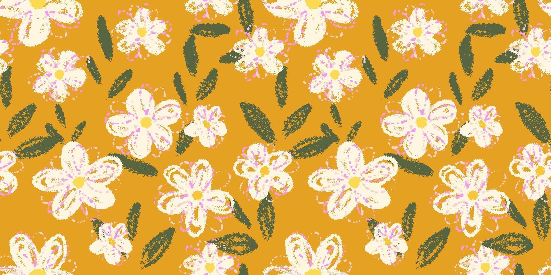 Seamless floral pattern with hand drawn crayon style flowers and textured green leaves on a mustard yellow background. Template for textiles, kids decor, and wrapping paper, prints vector