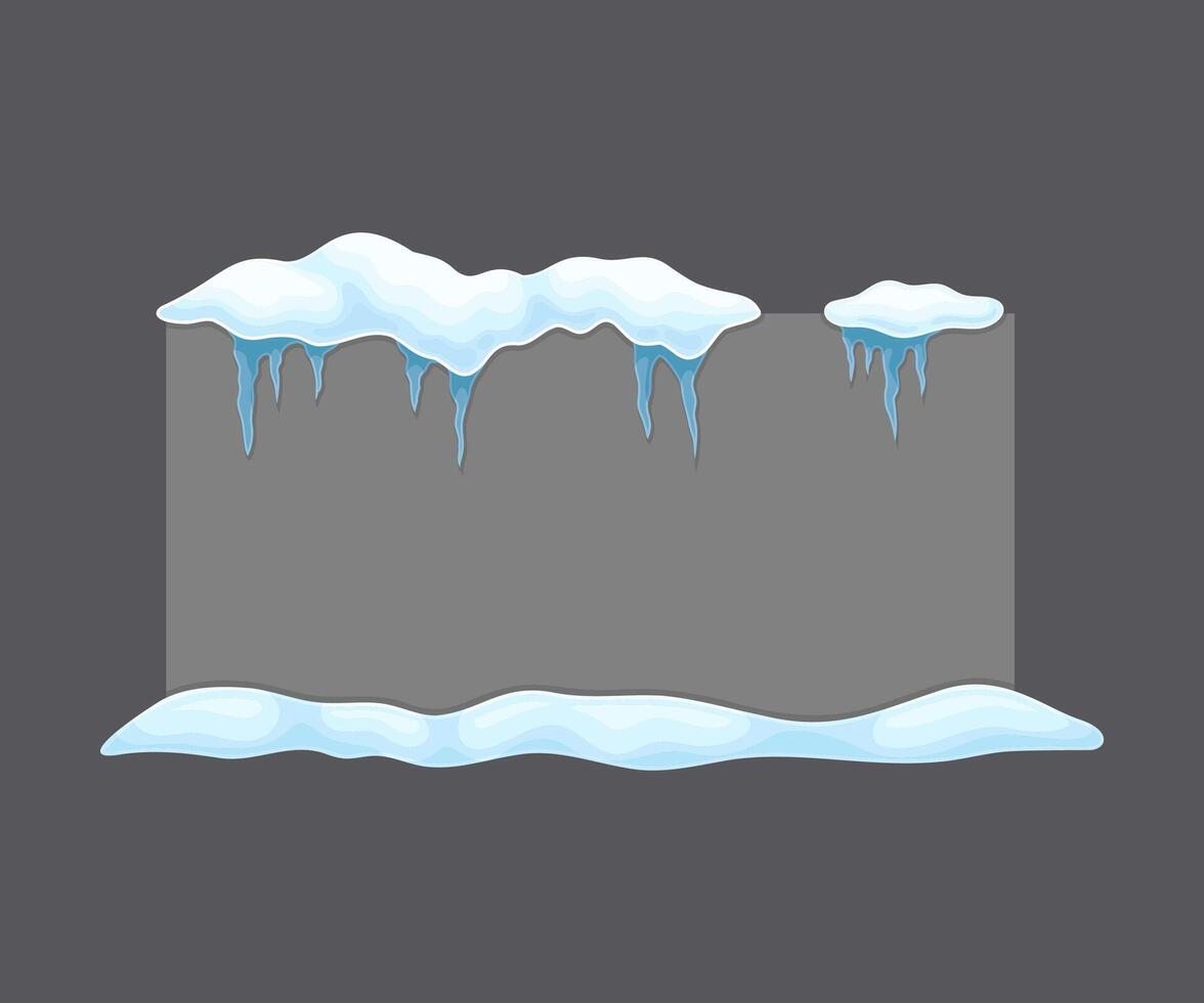 Blank frozen banner with snow and icicles, geometric rectangular shape, cold season holiday frame cartoon illustration vector