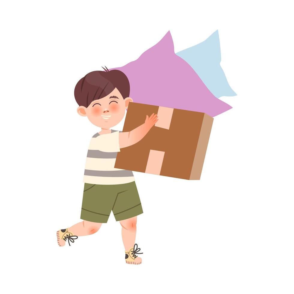 Boy carrying a box and pillows vector