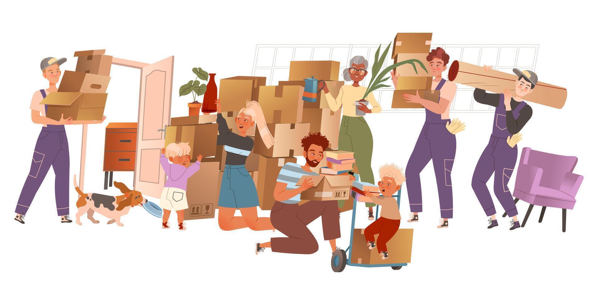 Family packing boxes for moving day vector