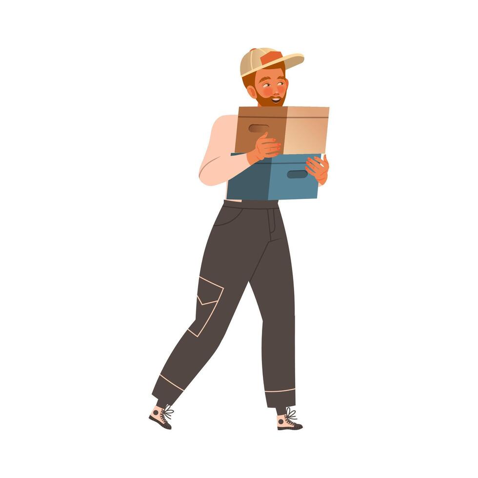 Delivery service worker or mover in overalls carrying cardboard boxes. Apartment moving, loading service cartoon illustration vector