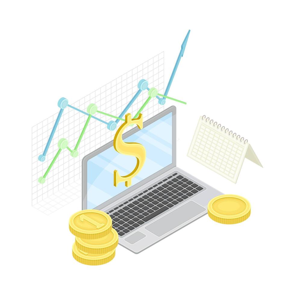 Financial technology and business investment. Laptop computer and gold coins isometric illustration vector