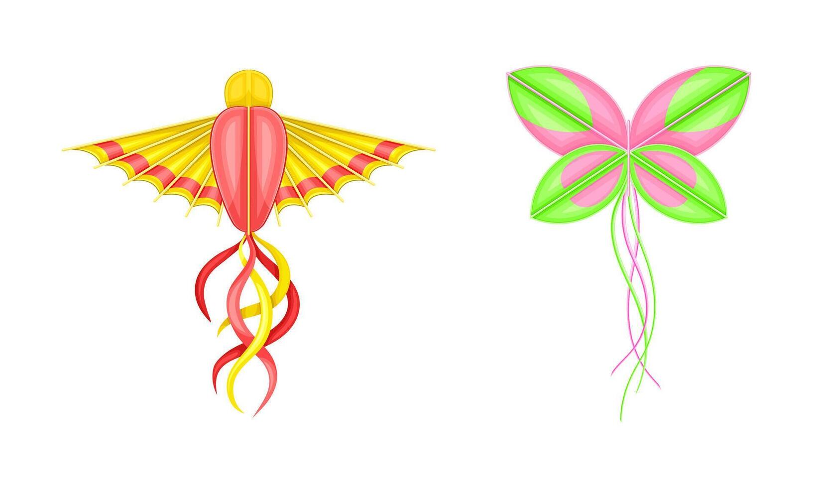 Bright flying kites of different shapes with ribbons, summer game toy cartoon illustration vector
