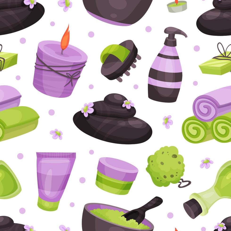 Spa objects seamless pattern. Cosmetology, beauty treatment and wellness endless background illustration vector