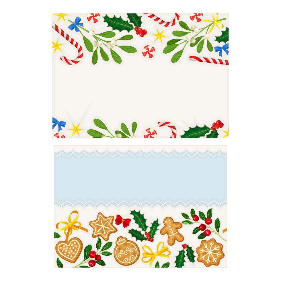 Merry Christmas and Happy New Year Holidays card templates with cookies, candles, berries and leaves illustration vector