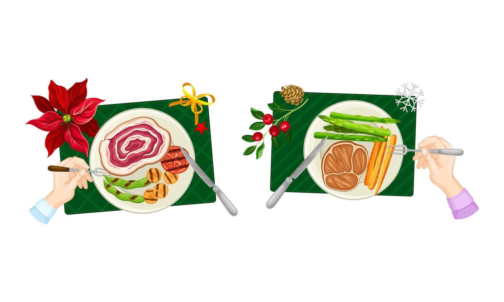 Christmas Eve traditional dishes set. Top view of human hands and festive dishes served on plates illustration vector