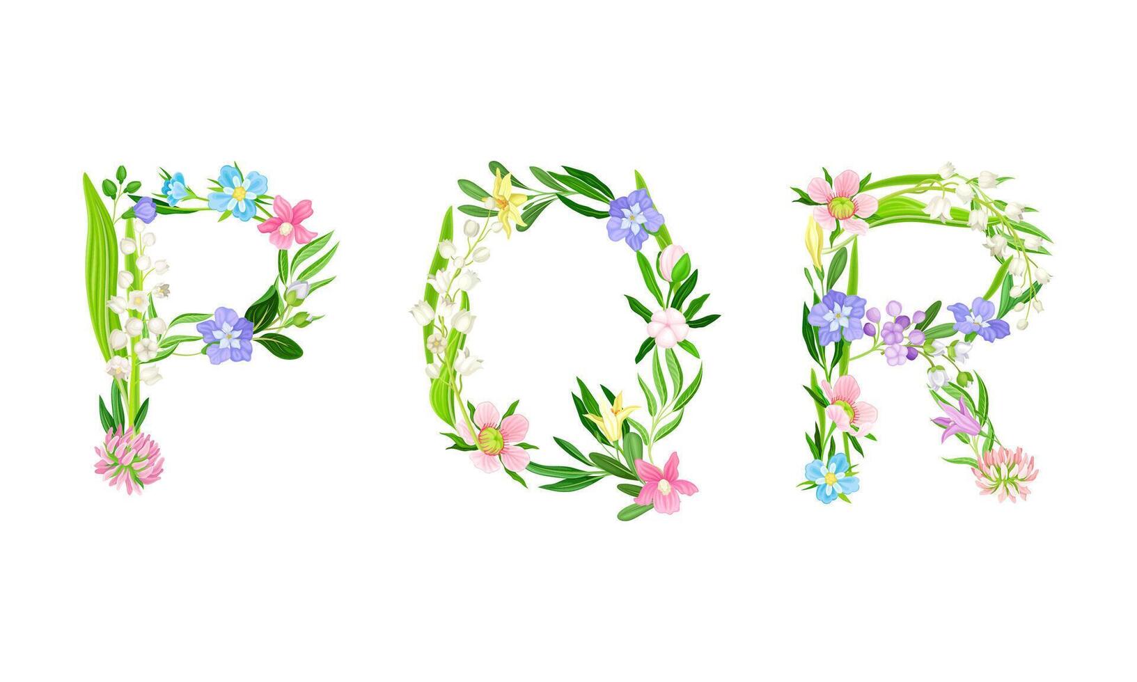 P,Q,R uppercase letters made of leaves and flowers. Floral alphabet for wedding, invitation greeting card design cartoon illustration vector