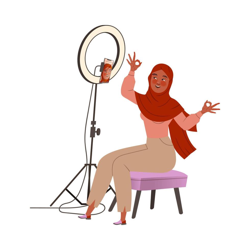 Girl in hijab broadcasting live at home with smartphone and ring light cartoon illustration vector