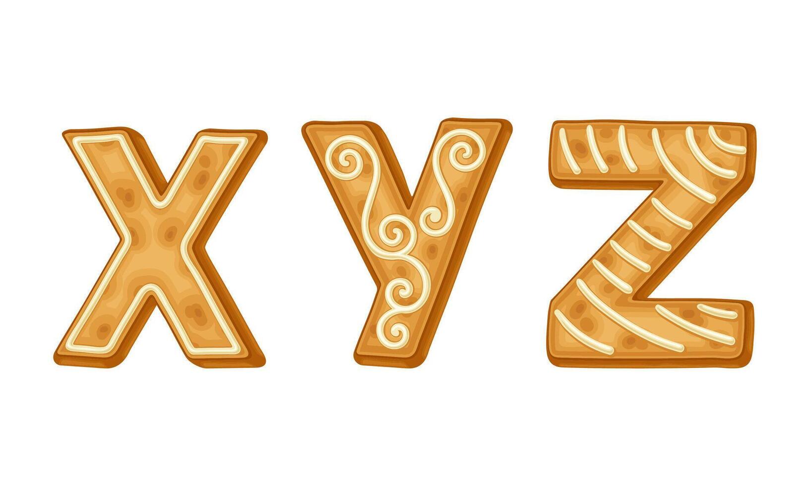 X,Y,Z letters covered by icing sugar. Ginger cookies Christmas alphabet cartoon illustration vector