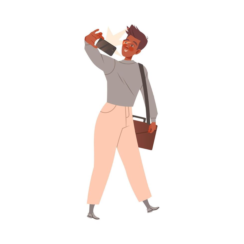 Young african american man man taking selfie with smartphone cartoon illustration vector